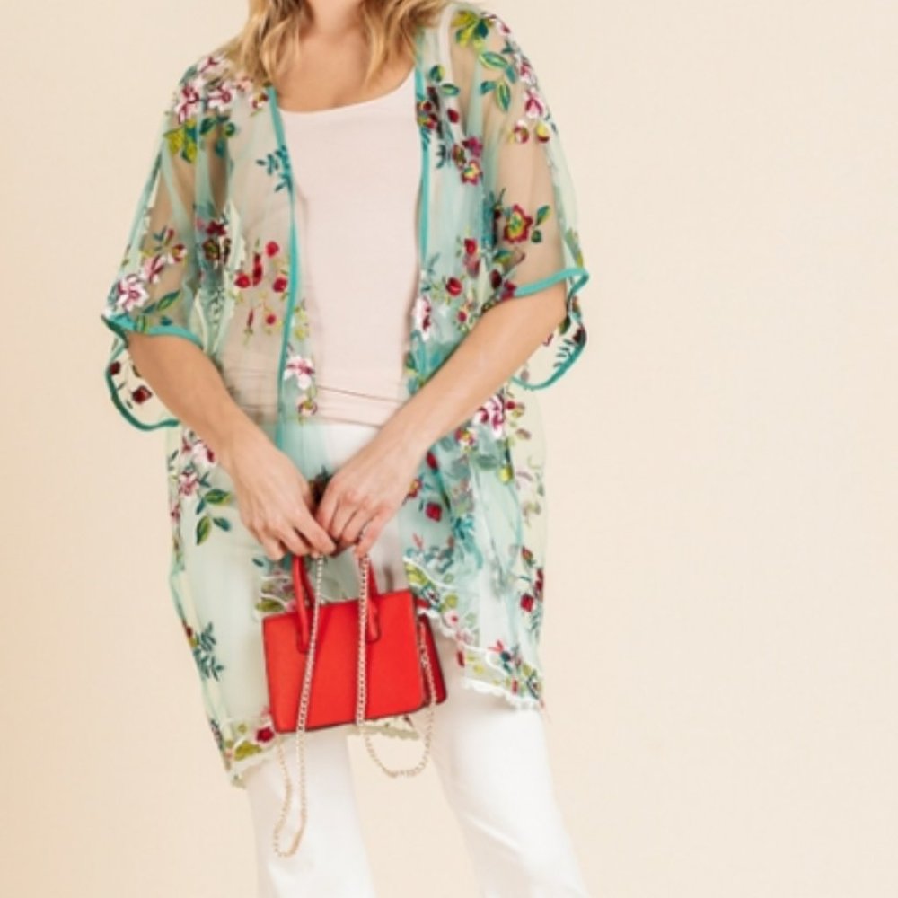 UMGEE Floral Embroidered Sheer Open Front Mesh Kimono